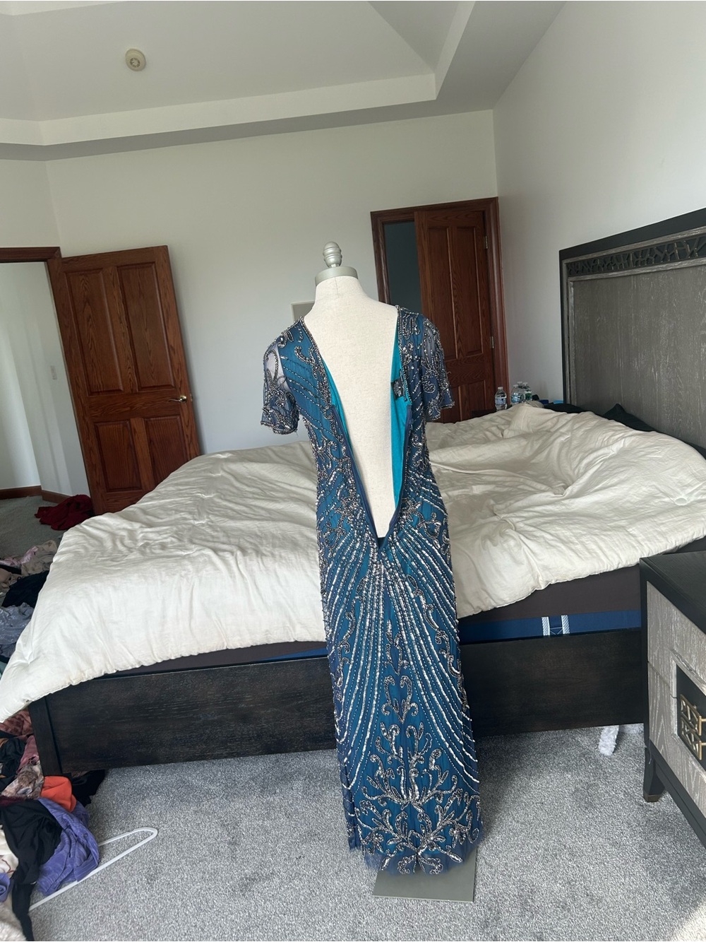 Pisarro Nights Teal Beaded Evening Dress - Picture 2 of 3